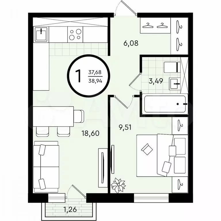 1-к. квартира, 38,9 м, 2/4 эт. - Фото 0