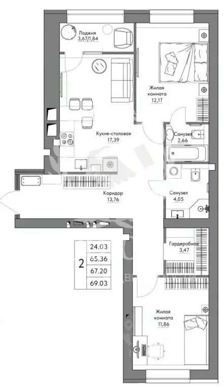 2-к кв. Калужская область, Калуга ул. Счастливая, 11Б (69.03 м) - Фото 1