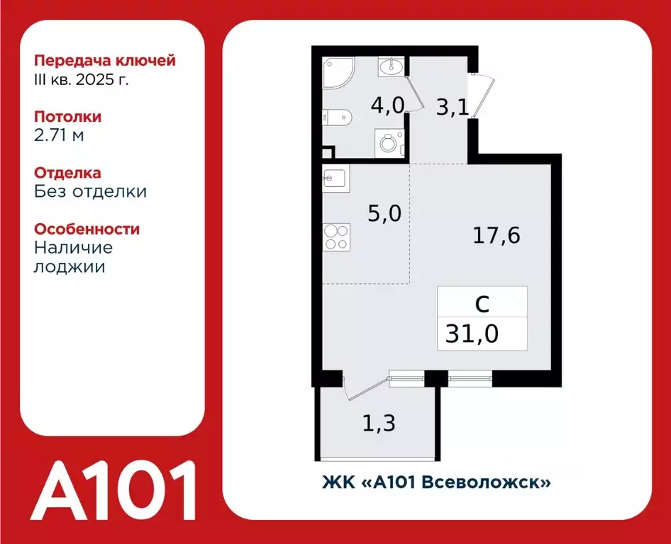 Студия Ленинградская область, Всеволожск Южный мкр, 1.3 (31.0 м) - Фото 0