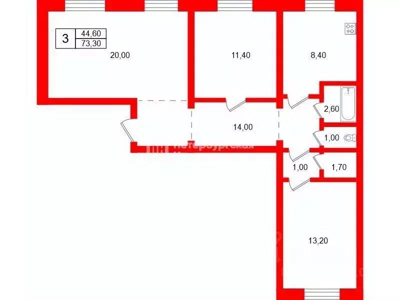 Квартира, 3 комнаты, 73.3 м - Фото 1