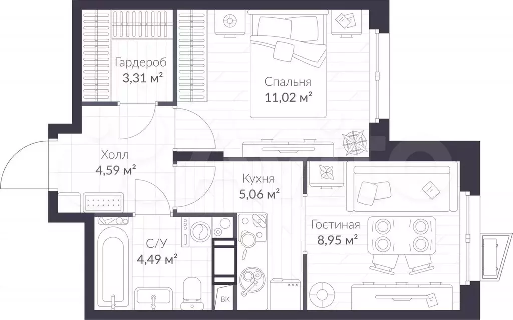 1-к. квартира, 37,4 м, 4/11 эт. - Фото 0