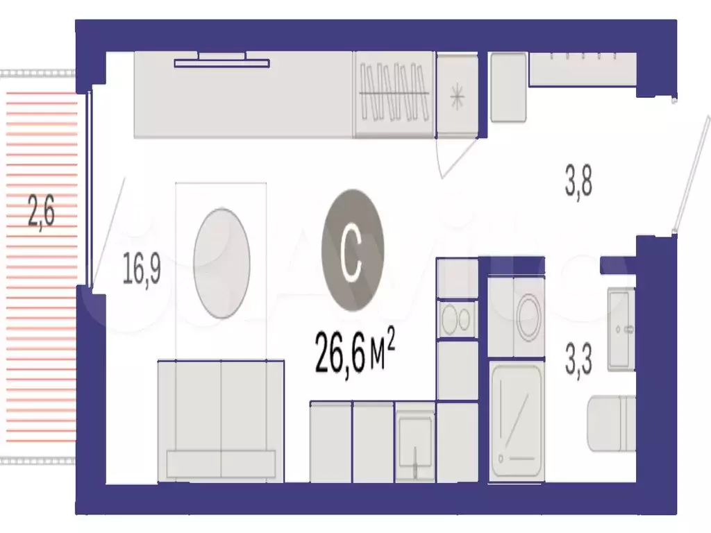 Квартира-студия, 26,6 м, 11/16 эт. - Фото 1