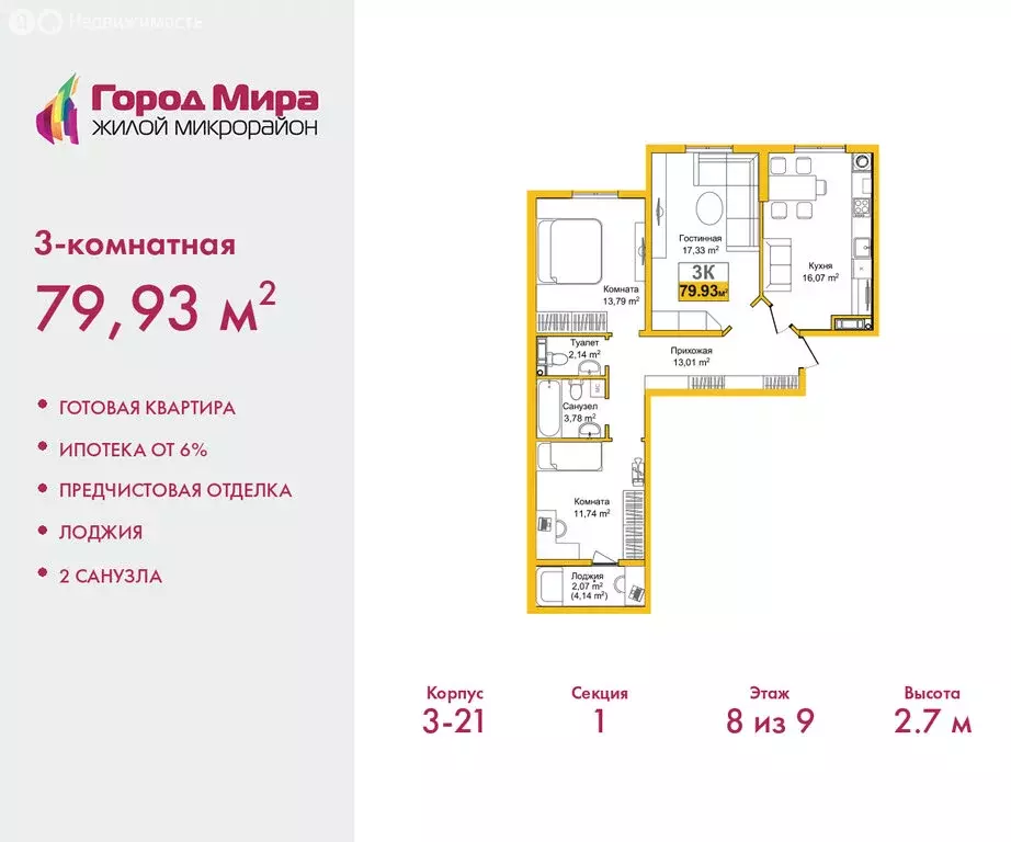 3-комнатная квартира: Симферополь, улица Батурина, 177к3 (79.93 м) - Фото 1