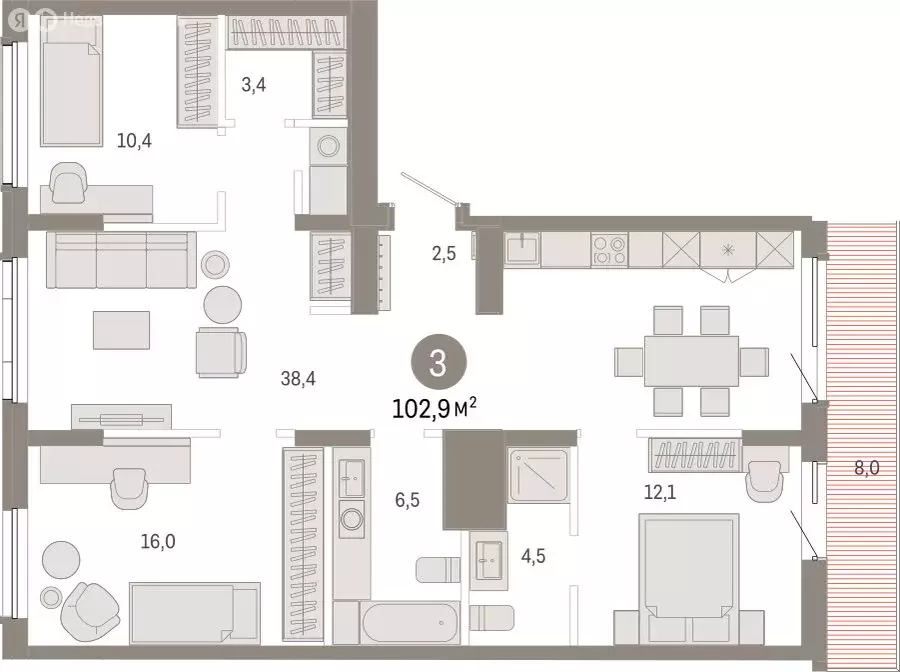 3-комнатная квартира: Омск, Кировский округ (102.94 м) - Фото 1