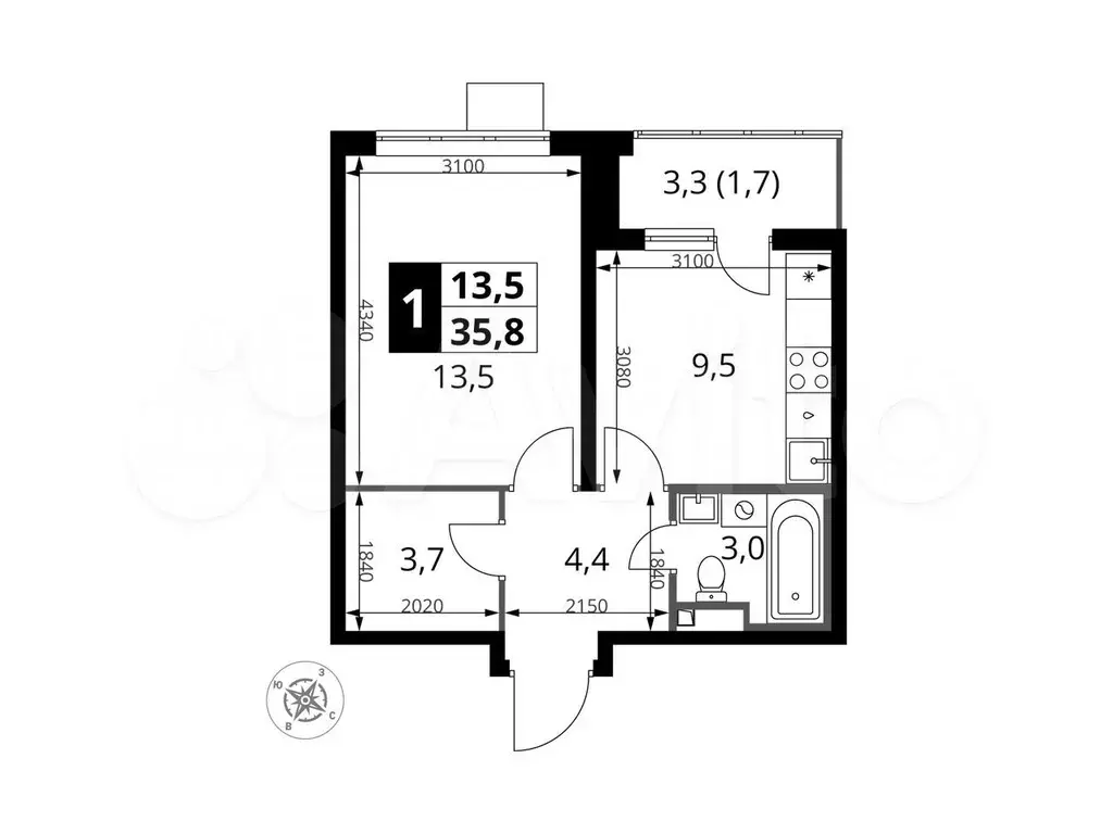 1-к. квартира, 35,8м, 3/24эт. - Фото 0