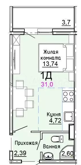 Квартира-студия, 31 м, 7/17 эт. - Фото 0