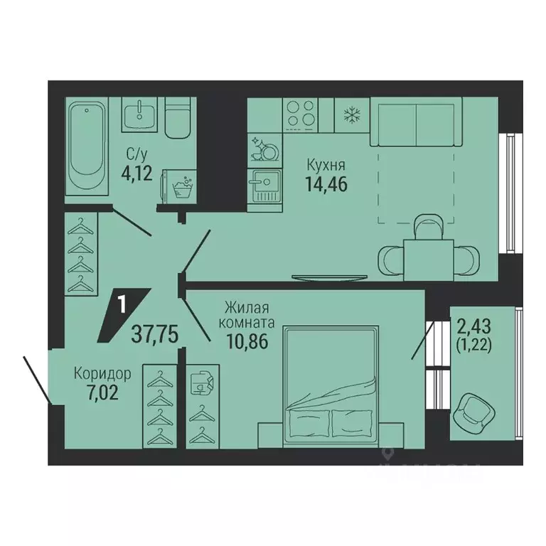 1-к кв. Свердловская область, Екатеринбург пер. Ученический, 4 (37.75 ... - Фото 1