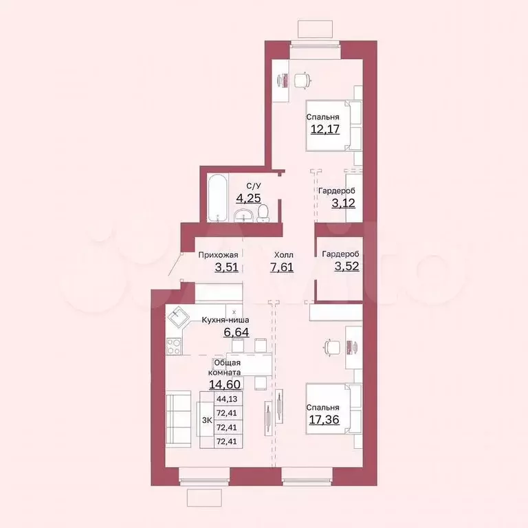 3-к. квартира, 72,4 м, 2/10 эт. - Фото 1