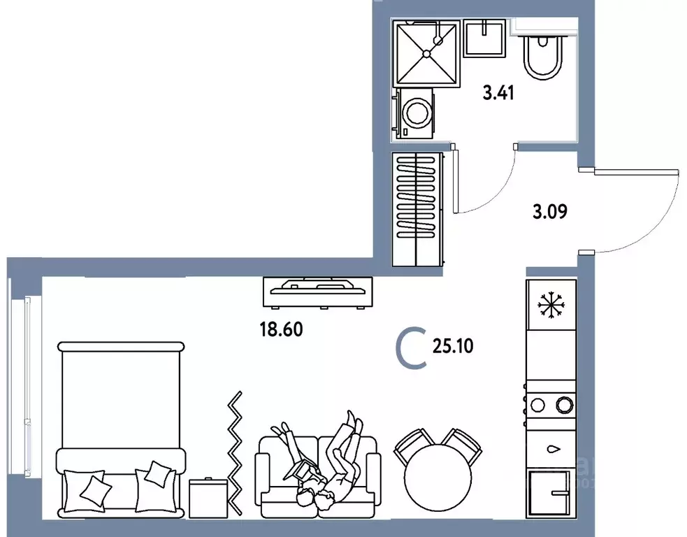 Студия Тюменская область, Тюмень ул. 50 лет Октября, 61к1 (25.1 м) - Фото 1
