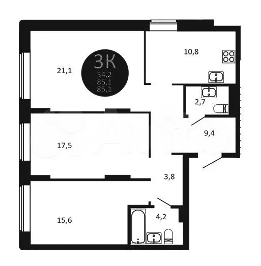 3-к. квартира, 85,1 м, 3/22 эт. - Фото 0