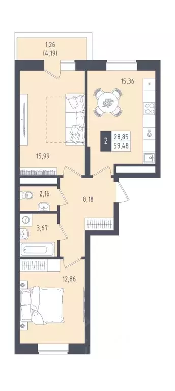2-к кв. Татарстан, Казань Малевич жилой комплекс (59.48 м) - Фото 1