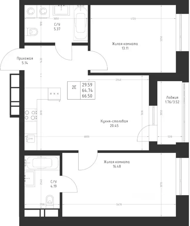 2-к кв. Татарстан, Казань Седьмое Небо жилрайон,  (66.5 м) - Фото 1