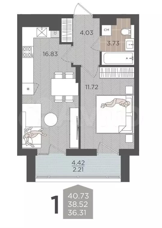 1-к. квартира, 38,5 м, 7/9 эт. - Фото 1