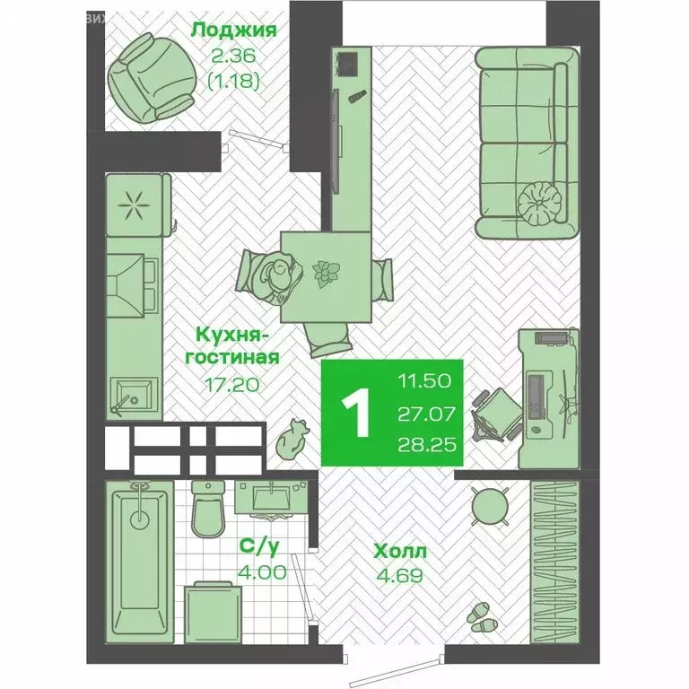 Квартира-студия: Владивосток, Ленинский район, ЖК Зелёный Бульвар 2 ... - Фото 1