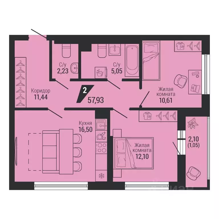 2-к кв. Свердловская область, Екатеринбург пер. Ученический, 4 (57.93 ... - Фото 1