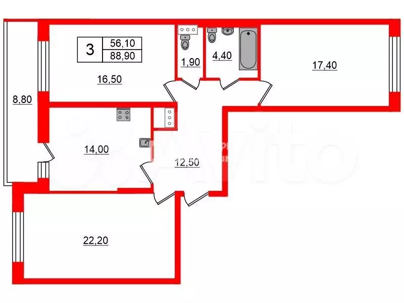 3-к. квартира, 88,9 м, 8/9 эт. - Фото 0