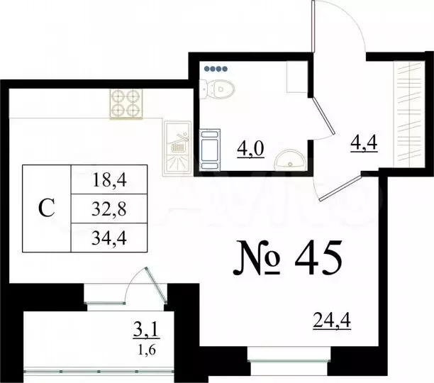 Квартира-студия, 34,4м, 5/8эт. - Фото 0