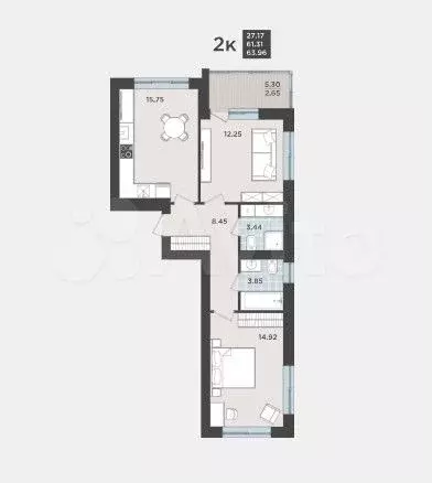2-к. квартира, 64 м, 1/9 эт. - Фото 1
