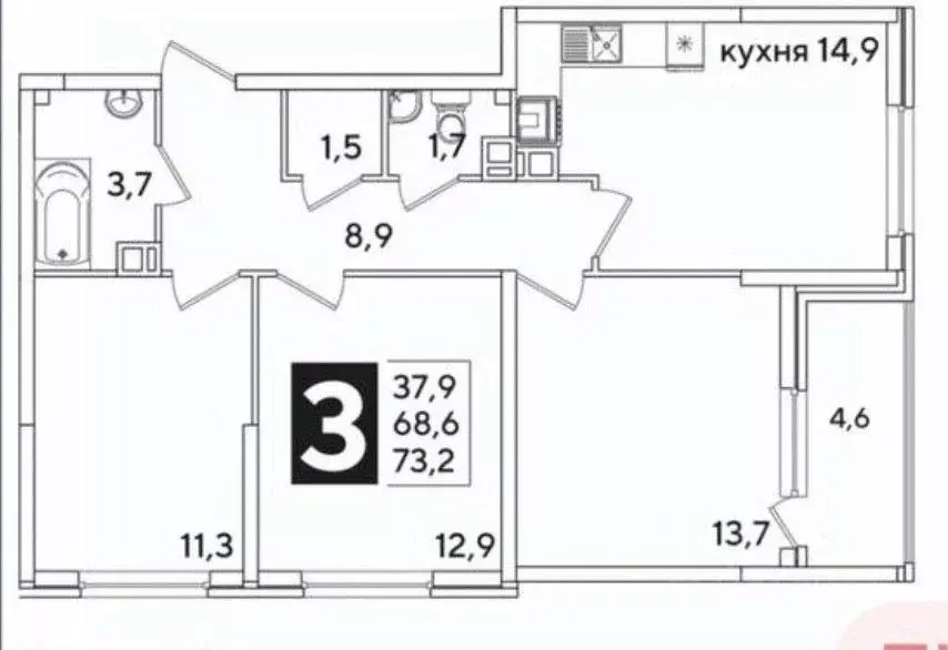 3-к кв. Краснодарский край, Краснодар Самолет кв-л,  (73.0 м) - Фото 1