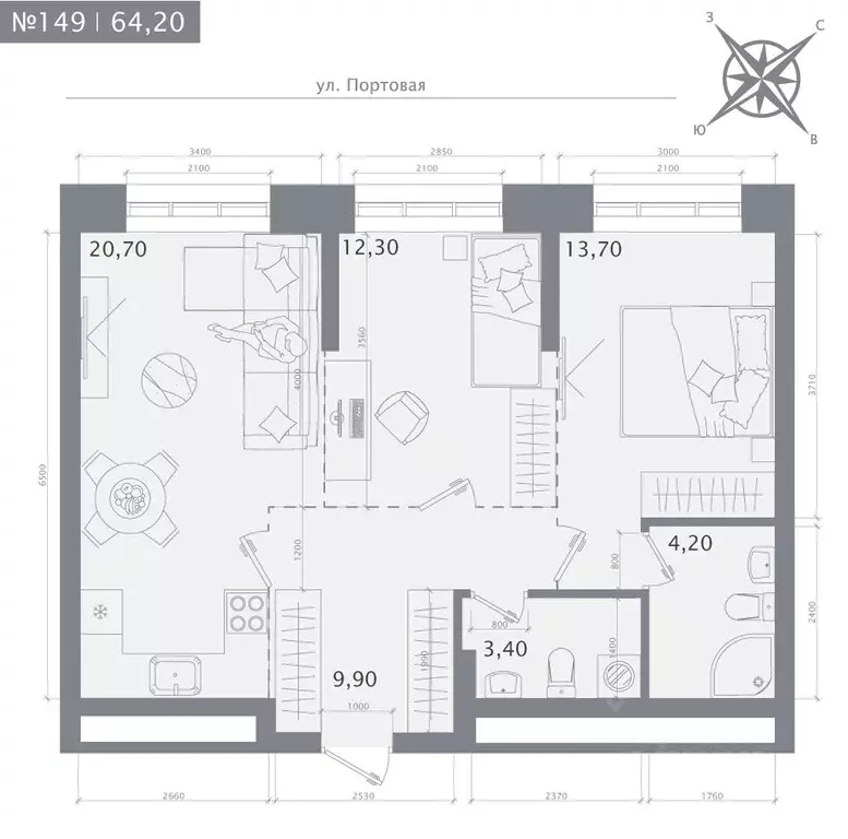 2-к кв. Татарстан, Казань 1712 жилой комплекс (64.2 м) - Фото 1