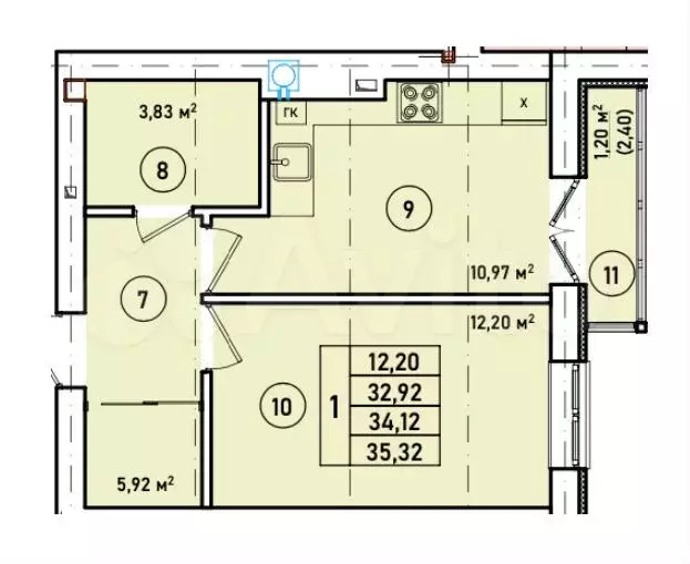1-к. квартира, 34,1 м, 6/7 эт. - Фото 1