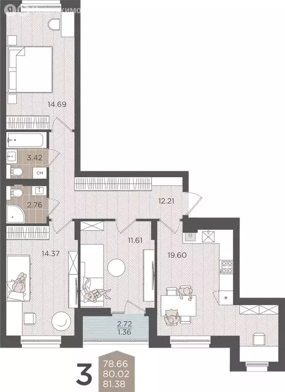 3-комнатная квартира: Калининград, Батальная улица, 65А (80.02 м) - Фото 1