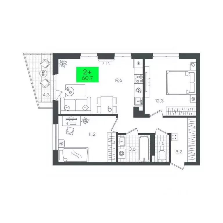 2-к кв. Тюменская область, Тюмень Комарово Парк жилрайон,  (60.7 м) - Фото 1