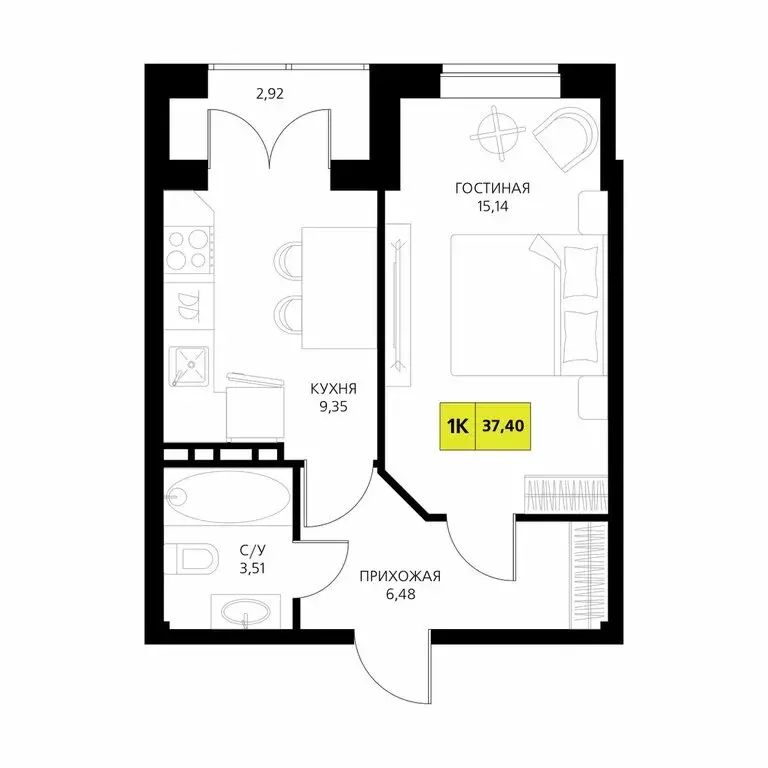 1-комнатная квартира: Республика Дагестан, Дербент (37.4 м) - Фото 1