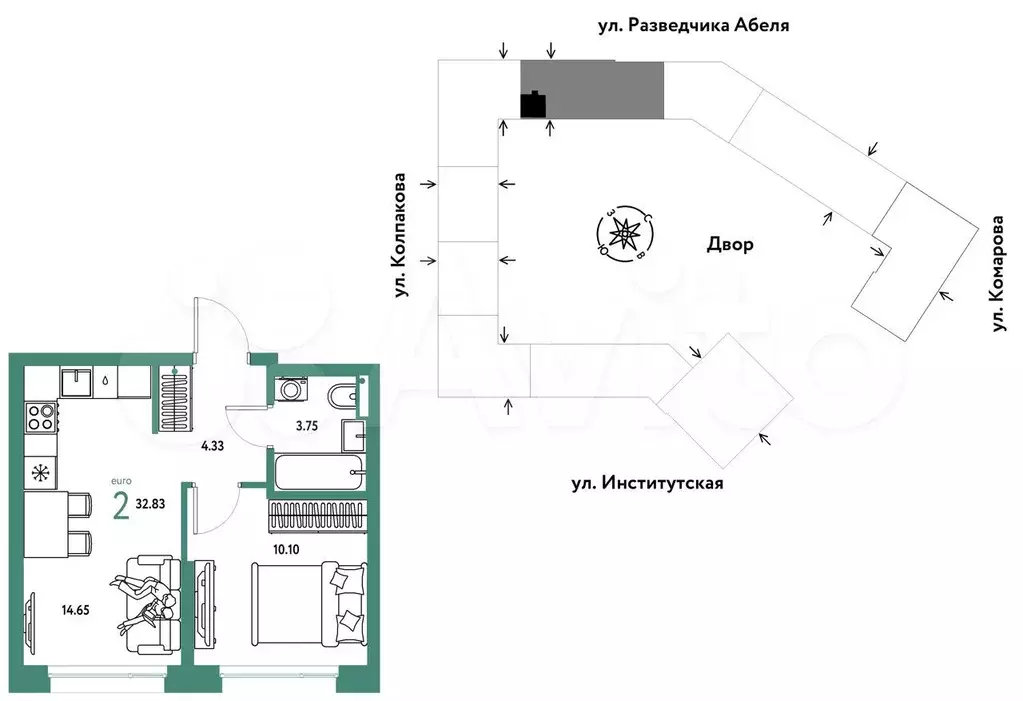 2-к. квартира, 32,8 м, 11/25 эт. - Фото 0