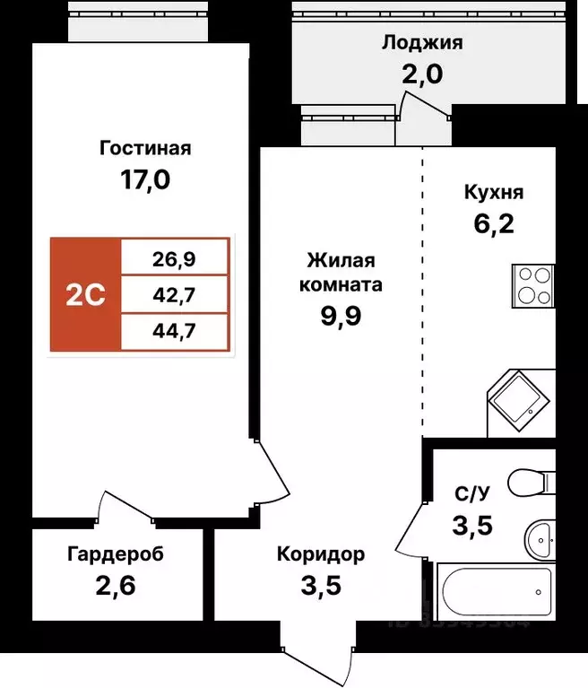 2-к кв. Башкортостан, Уфа Цветы Башкирии жилрайон,  (44.7 м) - Фото 1