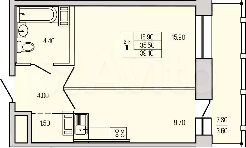 1-к. квартира, 39,1 м, 5/21 эт. - Фото 1