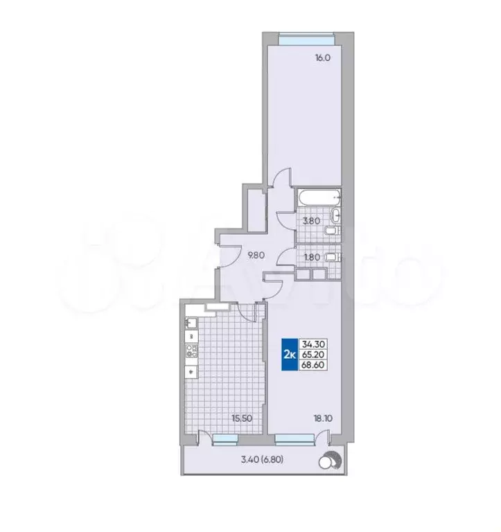 2-к. квартира, 69м, 2/20эт. - Фото 1