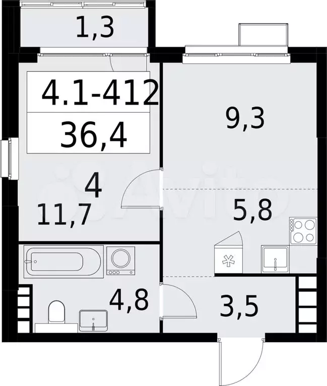 2-к. квартира, 36,4 м, 30/30 эт. - Фото 0