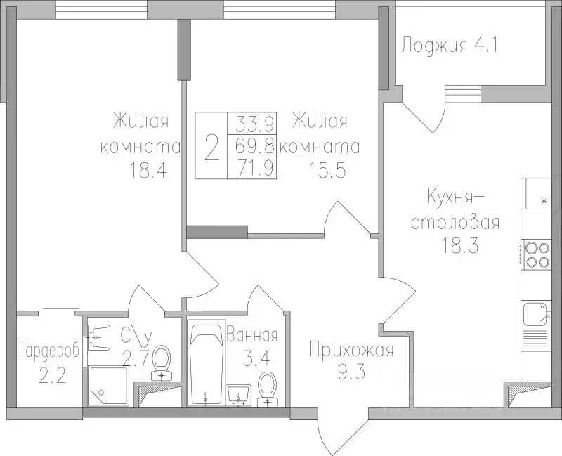 2-к кв. Липецкая область, Липецк Поколение жилой комплекс (71.9 м) - Фото 0