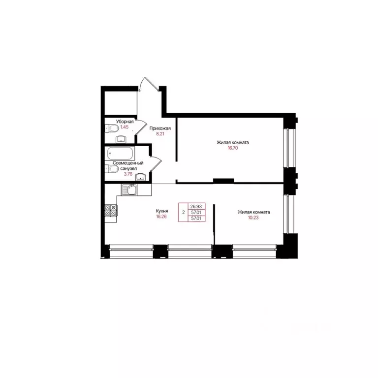 2-к кв. Татарстан, Казань Лето жилой комплекс (57.01 м) - Фото 2