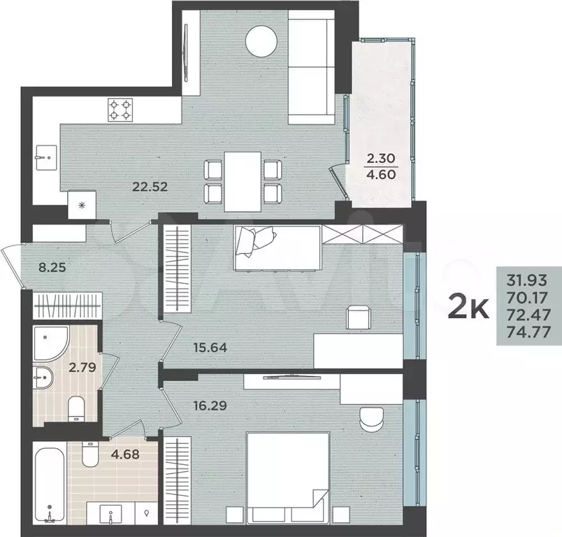 2-к. квартира, 72,5 м, 2/8 эт. - Фото 1