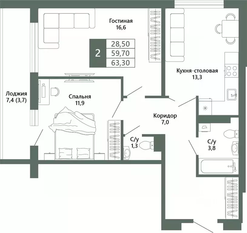 2-к кв. Кемеровская область, Кемерово 64-й мкр, Лучи жилой комплекс ... - Фото 2
