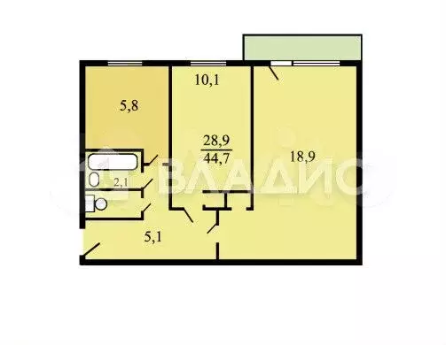 2-к. квартира, 44,7 м, 5/5 эт. - Фото 0