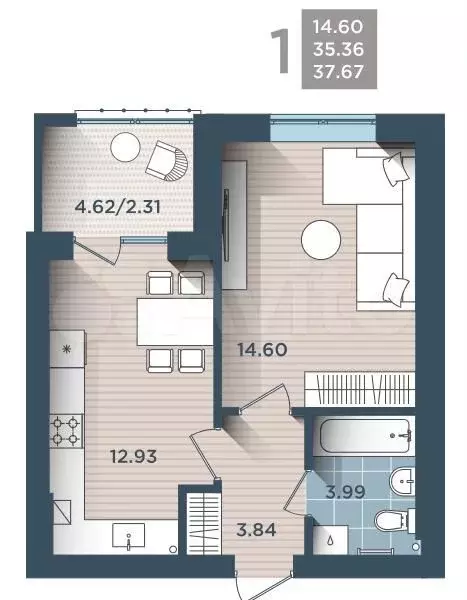 1-к. квартира, 38 м, 1/4 эт. - Фото 1