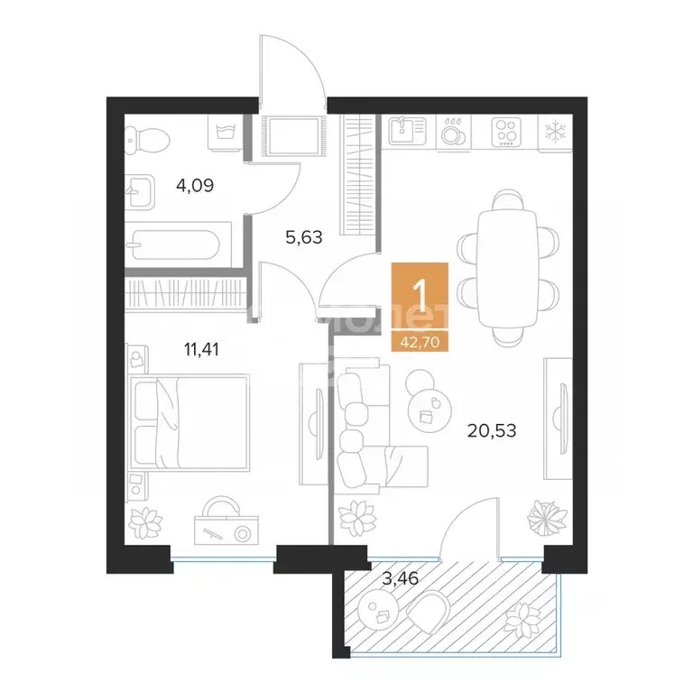 1-к кв. Курская область, Курск просп. Вячеслава Клыкова, 39Б (42.47 м) - Фото 2