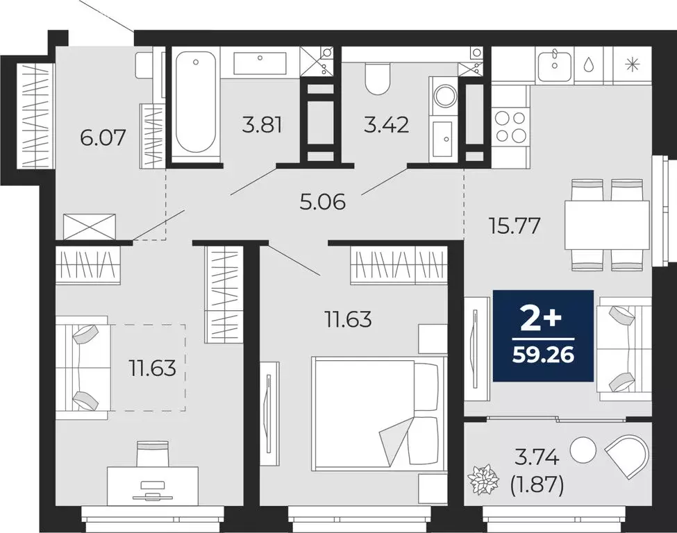 2-комнатная квартира: Тюмень, Арктическая улица, 14 (61.13 м) - Фото 1