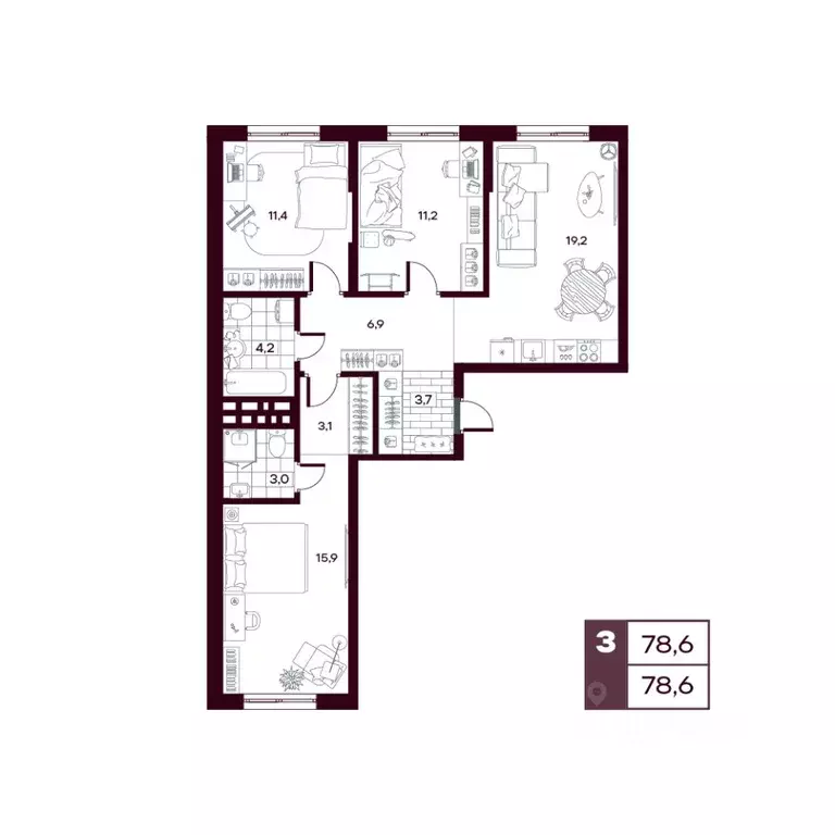 3-к кв. Тюменская область, Тюменский муниципальный округ, д. Дударева ... - Фото 1