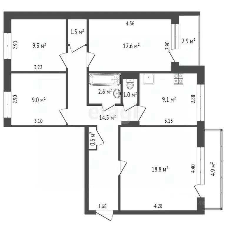 4-к кв. Хабаровский край, Комсомольск-на-Амуре Пермская ул., 9 (79.0 ... - Фото 2