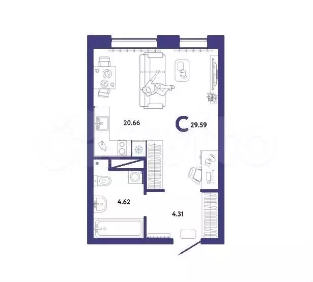 Квартира-студия, 29,6 м, 14/16 эт. - Фото 1