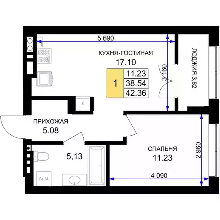 1-комнатная квартира: Гурьевск, жилой комплекс Включи (42.36 м) - Фото 0