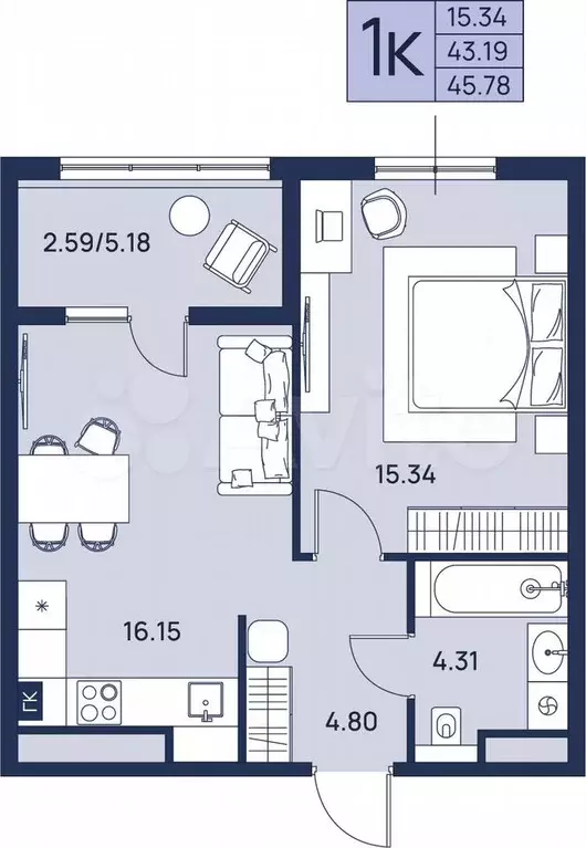 1-к. квартира, 45,8 м, 3/4 эт. - Фото 0