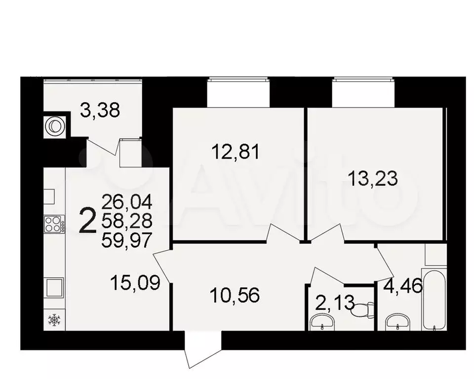 2-к. квартира, 60 м, 1/15 эт. - Фото 1