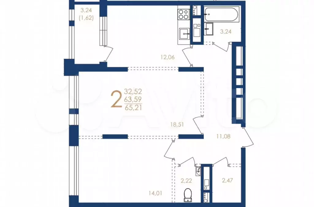 2-к. квартира, 65,2 м, 7/8 эт. - Фото 1