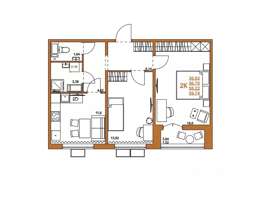 2-к кв. Челябинская область, Челябинск ул. Блюхера, 2.3.1 (58.22 м) - Фото 2