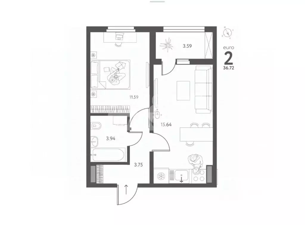 2-к кв. Липецкая область, Липецк ул. Перова (36.72 м) - Фото 2